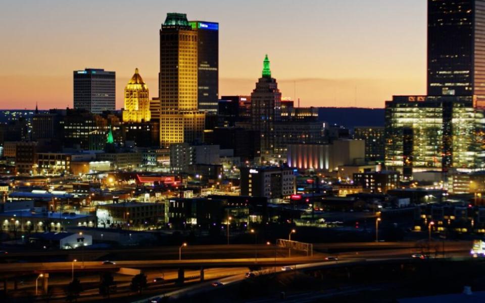 Aerial View of Tulsa Lit Up at Nightfall - Juneteenth 2023 events