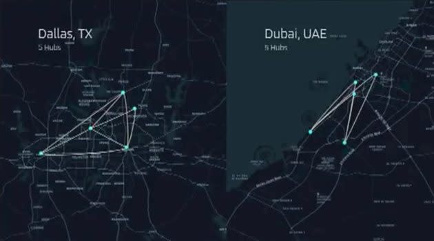 A graphic shown during the Uber Elevate Summit shows the first five hubs anticipated for Dallas-Fort Worth and for Dubai. The Texas hubs are located at Dallas-Fort Worth International Airport and in the vicinity of downtown Dallas, downtown Fort Worth, UT-Dallas and the city of Frisco. (Uber via YouTube)