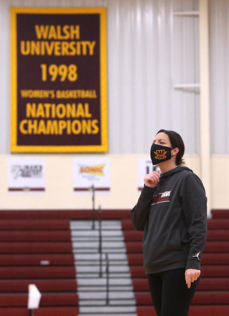 Head women's basketball coach Kate Bruce conducts practice at Walsh University on Monday, Nov. 30, 2020. The nationally ranked team is preparing for the start of its season this week.