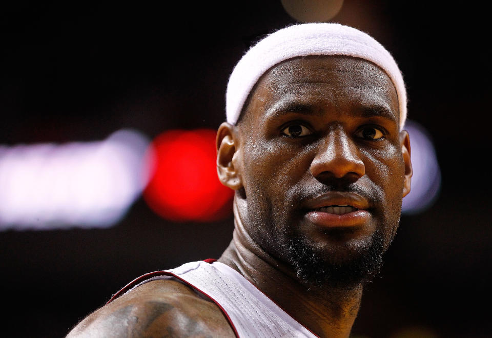 MIAMI, FL - MAY 15: LeBron James #6 of the Miami Heat looks on during Game Two of the Eastern Conference Semifinals in the 2012 NBA Playoffs against the Indiana Pacers at AmericanAirlines Arena on May 15, 2012 in Miami, Florida. NOTE TO USER: User expressly acknowledges and agrees that, by downloading and/or using this Photograph, User is consenting to the terms and conditions of the Getty Images License Agreement. (Photo by Mike Ehrmann/Getty Images)