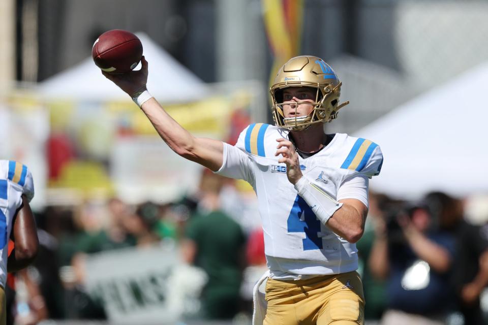 Aug 31, 2024; Honolulu, Hawaii, USA; UCLA Bruins quarterback Ethan Garbers makes a pass against the Hawaii Rainbow Warriors during the second quarter of an NCAA college football game at the Clarence T.C. Ching Athletics Complex. Mandatory Credit: Marco Garcia-USA TODAY Sports