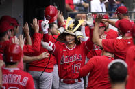 Los Angeles Angels' Shohei Ohtani celebrates in the dugout his second, two-run home run of the game off Chicago White Sox starting pitcher Lance Lynn during the fourth inning of a baseball game Wednesday, May 31, 2023, in Chicago. (AP Photo/Charles Rex Arbogast)