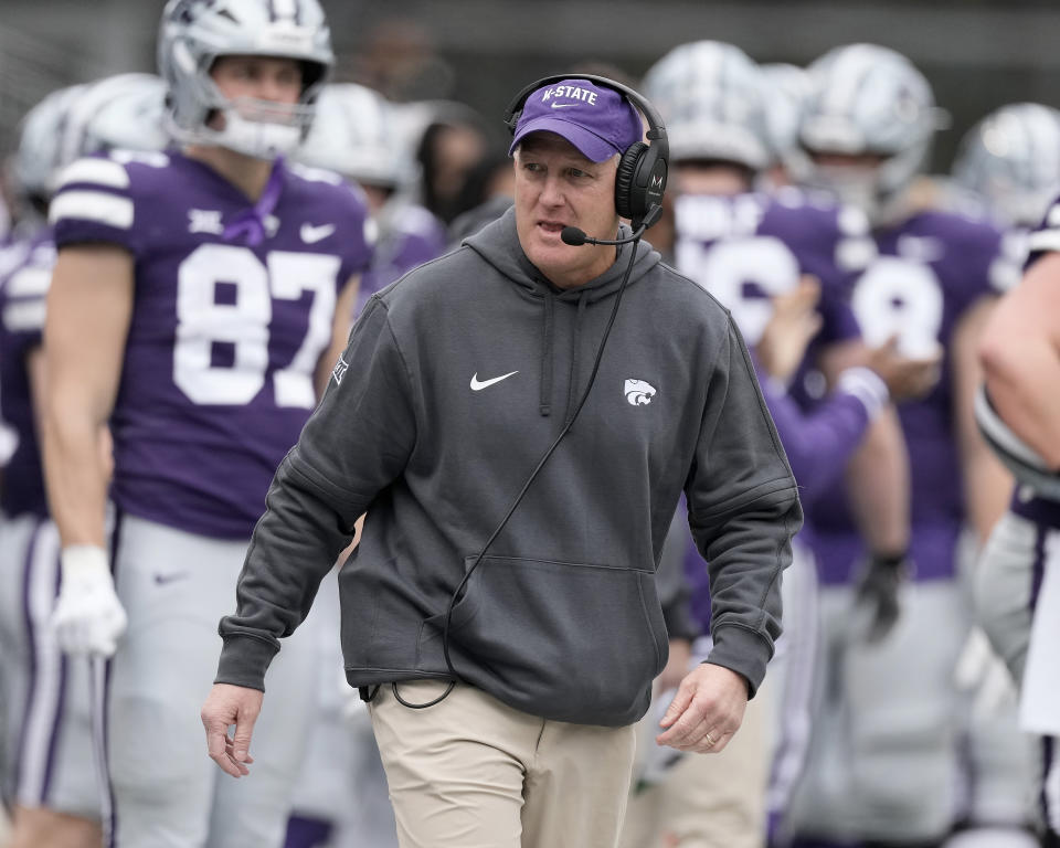 Kansas State head coach Chris Klieman watches during the first half of an NCAA college football game against Baylor Saturday, Nov. 11, 2023, in Manhattan, Kan. (AP Photo/Charlie Riedel)