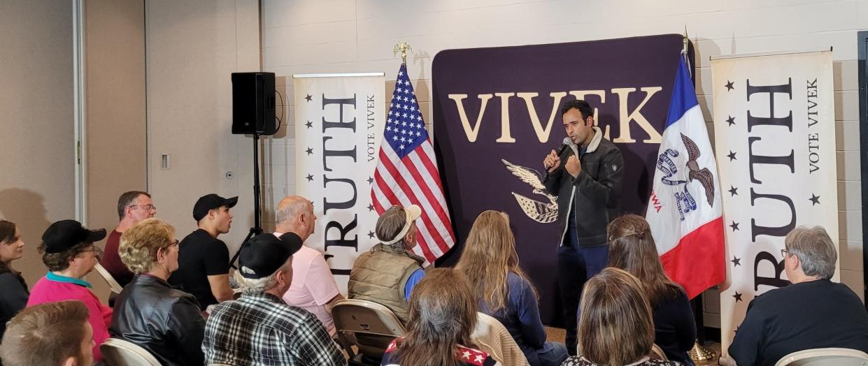 GOP presidential candidate Vivek Ramaswamy speaks in Ottumwa on Saturday.