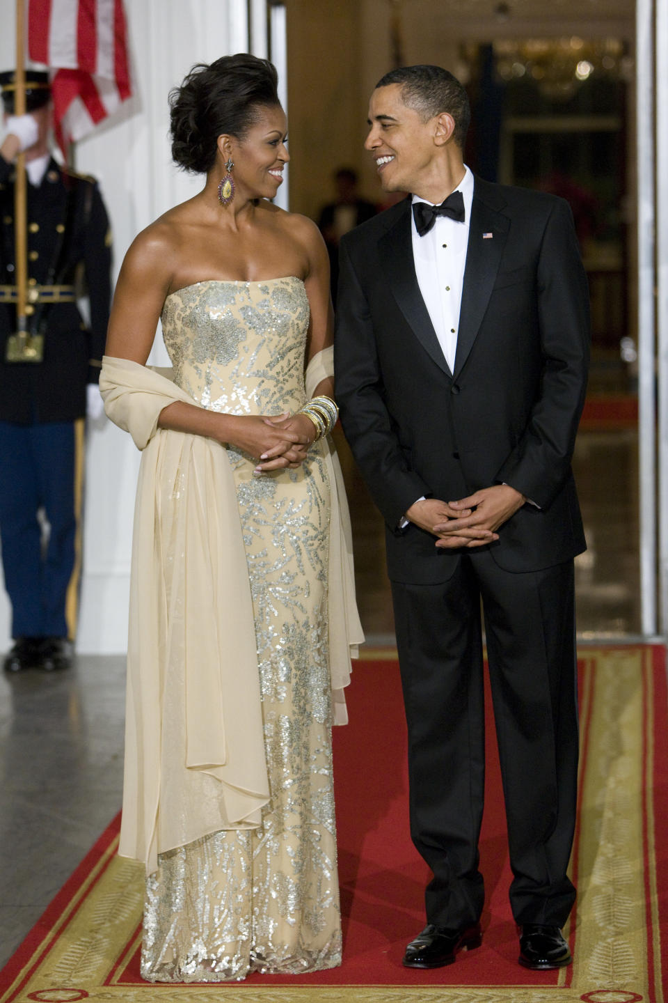 A stunning gown by Indian-American designer Naeem Khan, worn for a state dinner with Indian Prime Minister Manmohan Singh and his wife, Gursharan Kaur, in 2009.