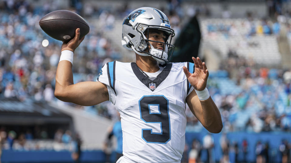 Carolina Panthers quarterback Bryce Young warms up before an NFL preseason football game against the New York Jets, Saturday, Aug. 12, 2023, in Charlotte, N.C. (AP Photo/Jacob Kupferman)