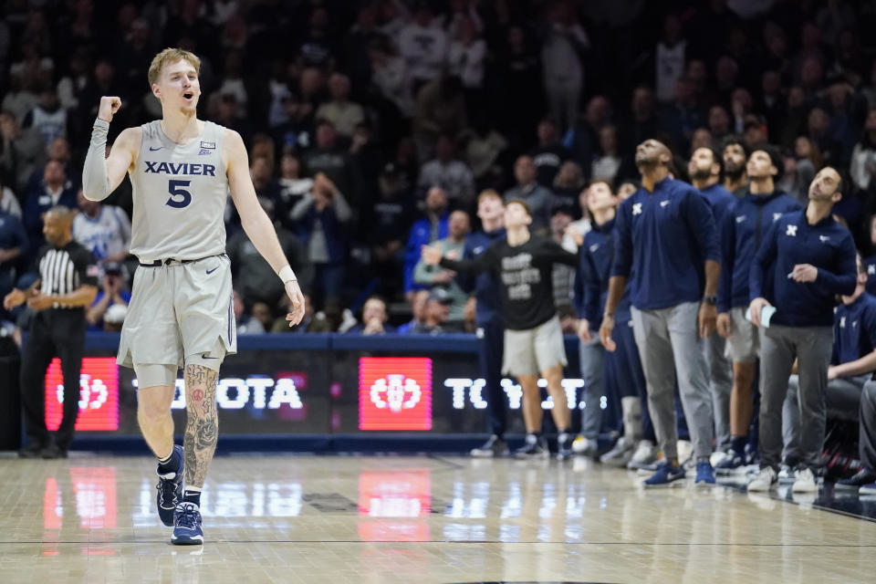 Xavier guard Adam Kunkel (5) argues with an official after a basket was called no-good during the second half of an NCAA college basketball game against Villanova, Tuesday, Feb. 21, 2023, in Cincinnati. (AP Photo/Joshua A. Bickel)