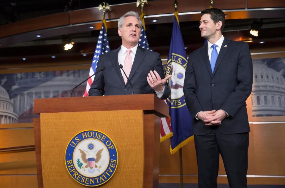 FILE - Majority Leader Kevin McCarthy of Calif., left, accompanied by House Speaker Paul Ryan, R-Wis., meets with reporters on Capitol Hill in Washington Feb. 4, 2016.