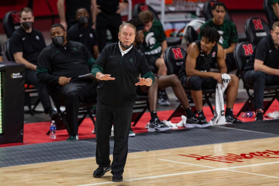 Michigan State head coach Tom Izzo signals to his players in the second half against Nebraska during an NCAA college basketball game on Saturday, Jan. 2, 2021, in Lincoln, Neb.