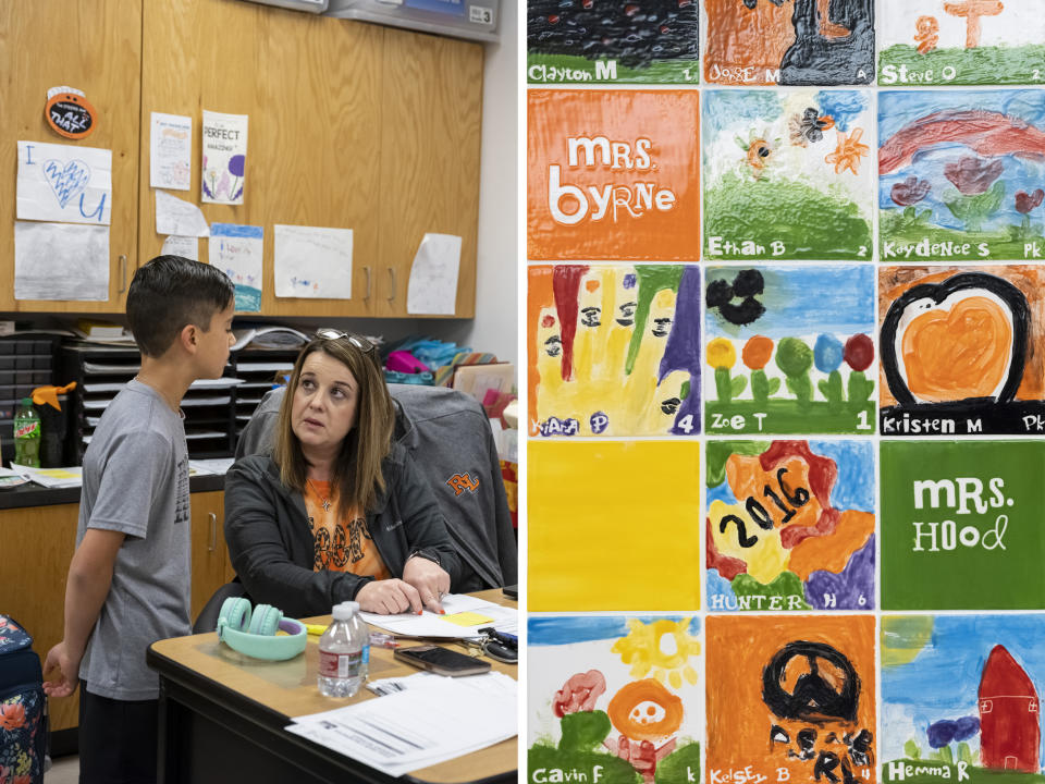 Art tiles created by students and teachers at Robert Lee ISD hang in the school’s elementary library in Robert Lee, Texas on March 9, 2023. (Matthew Busch for NBC News)