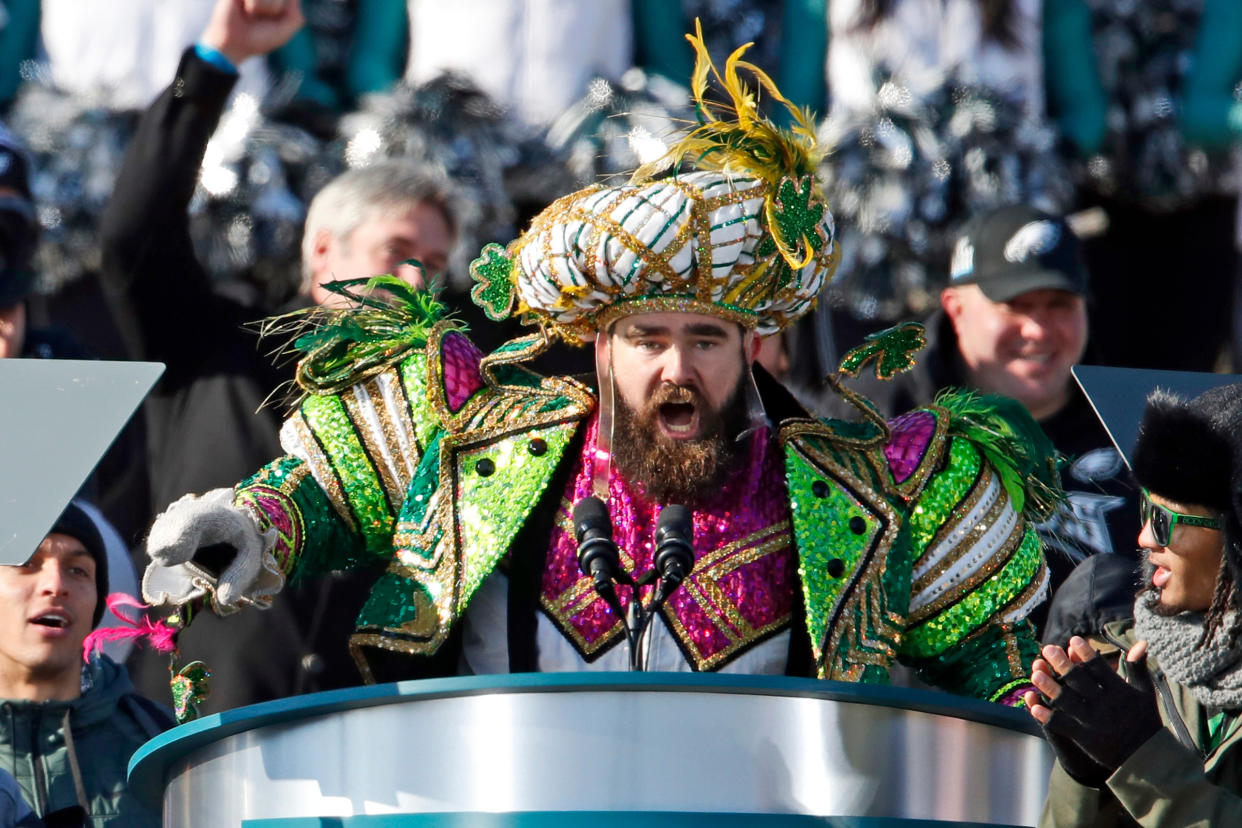 Philadelphia Eagles center Jason Kelce speaks at the conclusion of the NFL team's Super Bowl victory parade in front of the Philadelphia Museum of Art in Philadelphia. (AP Photo/Alex Brandon, File)