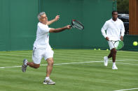 Mayor of London Sadiq Khan (left) plays tennis with key workers at the All England Lawn Tennis Club in Wimbledon, south west London, during an event to thank members of the NHS, TfL and care workers for their service during the coronavirus pandemic.