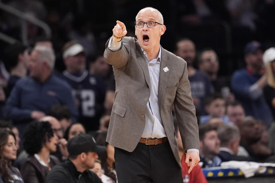 UConn coach Dan Hurley gestures during the second half of the team's NCAA college basketball game against Marquette for the championship of the Big East men's tournament Saturday, March 16, 2024, in New York. UConn won 73-57. (AP Photo/Mary Altaffer)