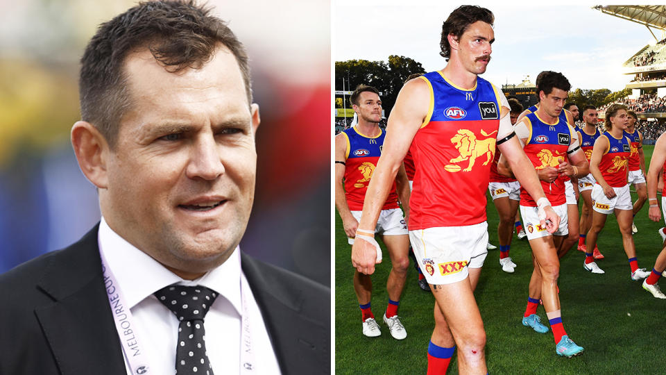 Luke Hodge is pictured left, with Joe Daniher leading the Brisbane Lions off the ground on the right.