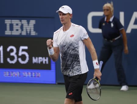 Aug 29, 2018; New York, NY, USA; Kevin Anderson of South Africa celebrates match point against Jeremy Chardy of France in a second round match on day three of the 2018 U.S. Open tennis tournament at USTA Billie Jean King National Tennis Center. Mandatory Credit: Jerry Lai-USA TODAY Sports