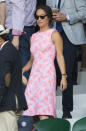 <p>Clearly Pippa’s a big fan of tennis. The Duchess of Cambridge’s younger sister made her third appearance in the royal box, this time wearing a Tabitha Webb sleeveless dress with pink peacock patterns. <i>[Photo: Rex]</i></p>