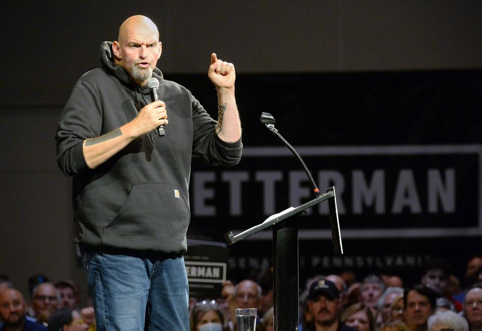 Pennsylvania Lt. Gov. and Democratic Senate nominee John Fetterman speaks to supporters inside the Bayfront Convention Center in Erie on Aug. 12, 2022. It was Fetterman's first campaign event since suffering a stroke on May 13.