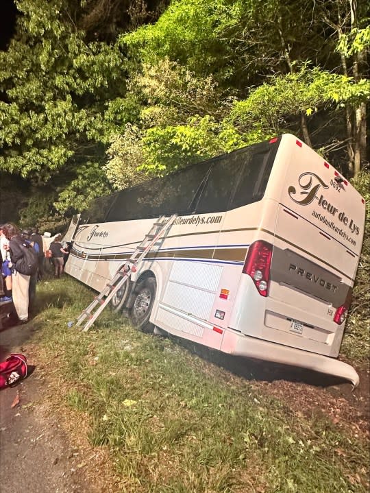 The passenger bus after it crashed into several trees off of Interstate 95 in Greensville County. (Photos: Virginia State Police)