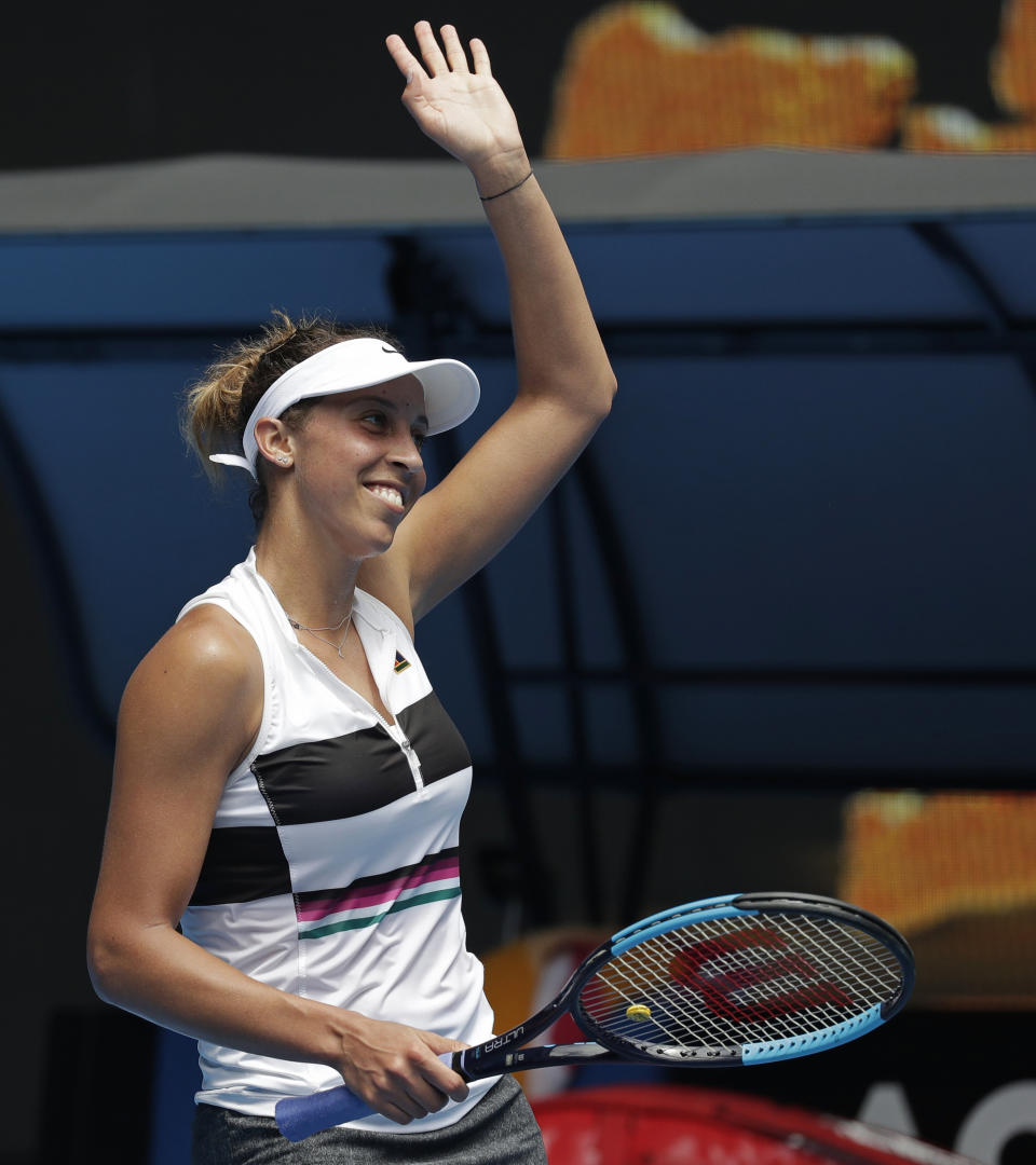 United States' Madison Keys reacts after defeating Australia's Destanee Aiava in their first round match at the Australian Open tennis championships in Melbourne, Australia, Tuesday, Jan. 15, 2019. (AP Photo/Kin Cheung)