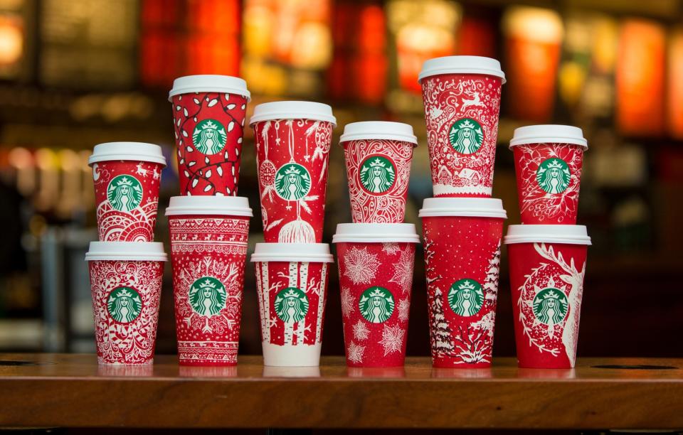 <p>Starbucks’ big 2016 reveal – 13 different cups designed by customers from around the world [Photo: Starbucks] </p>