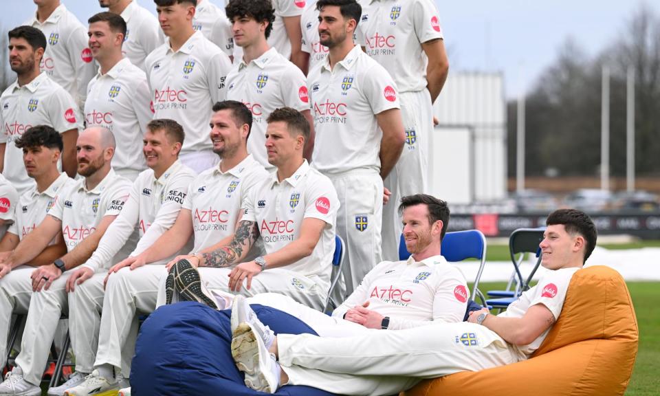 <span>Graham Clark and Matthew Potts (right) relax on beanbags during Durham’s photocall for the new County Championship season.</span><span>Photograph: Stu Forster/Getty Images</span>