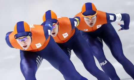 Speed Skating - Pyeongchang 2018 Winter Olympics - Women's Team Pursuit Competition - Gangneung Oval - Gangneung, South Korea - February 19, 2018. Marrit Leenstra, Ireen Wust and Antoinette De Jong of the Netherlands in action. REUTERS/Damir Sagolj