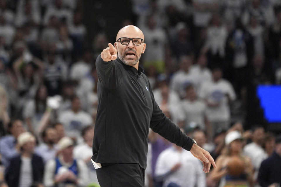 Dallas Mavericks head coach Jason Kidd shouts instructions to his players during the first half of Game 5 of the Western Conference finals in the NBA basketball playoffs against the Minnesota Timberwolves, Thursday, May 30, 2024, in Minneapolis. (AP Photo/Abbie Parr)