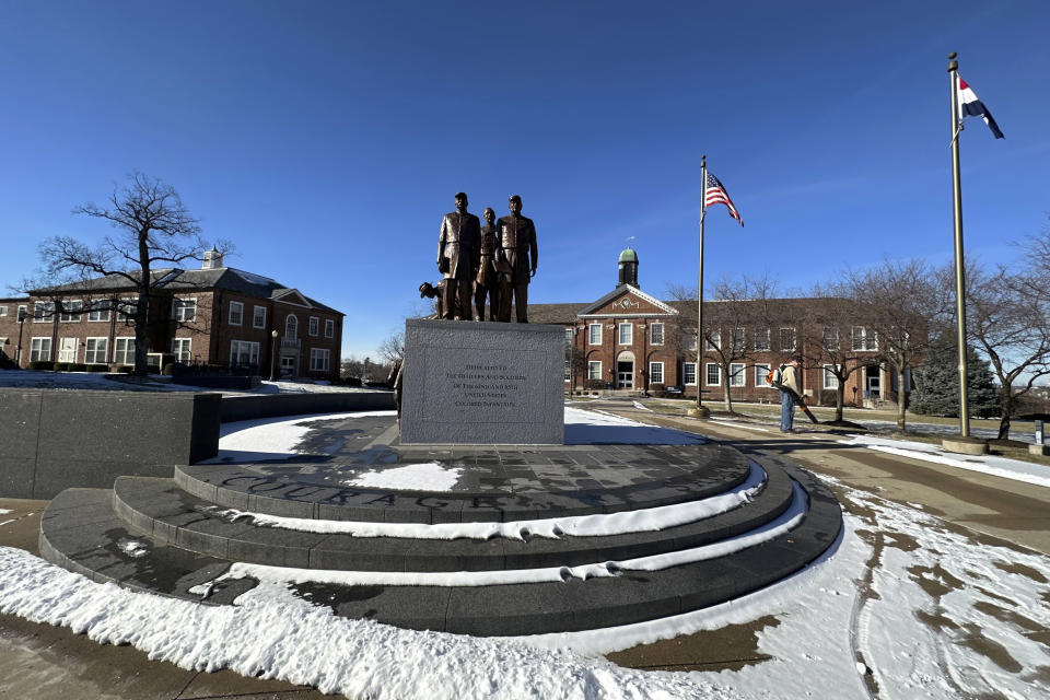 A statue sits on the campus of Lincoln University, Wednesday, Jan. 17, 2024, in Jefferson City, Mo. The historically Black college in Missouri is in turmoil after the suicide of an administrator who alleged she was bullied. Antoinette Bonnie Candia-Bailey's death has spurred student protests at the idyllic red-brick campus in Jefferson City. Moseley agreed last week to go on paid leave pending a third-party investigation, but many of the school's 1,800 students and its alumni group are calling for his termination. (AP Photo/Summer Ballentine)