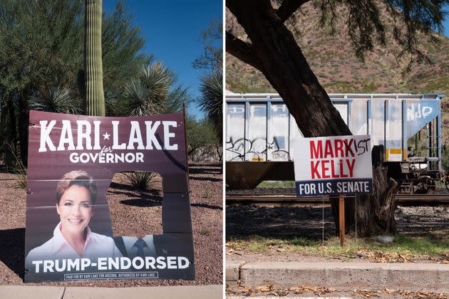 LEFT: In Tucson's Catalina Foothills, a sign for Republican Kari Lake sports a hole where Trump's face once was displayed. RIGHT: A sign in Clifton, Arizona, for Sen. Mark Kelly, a registered Democrat, is defaced to read “Marxist Kelly” instead. (Photo: Molly Peters for HuffPost)