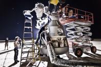 Crew members prepare the capsule for the second manned test flight for Red Bull Stratos in Roswell, New Mexico, USA on July 23, 2012. (Photo courtesy of Red Bull Stratos)