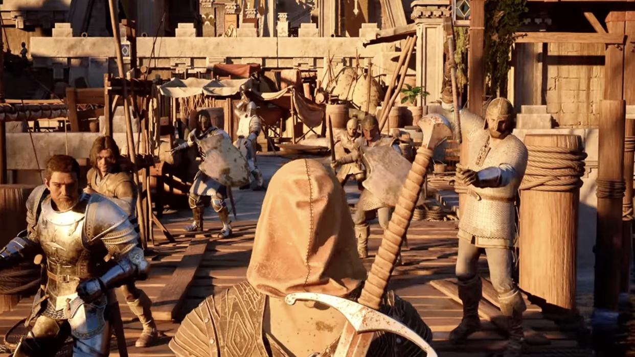  A warrior walks across a port deck towards a group of awaiting enemies. 