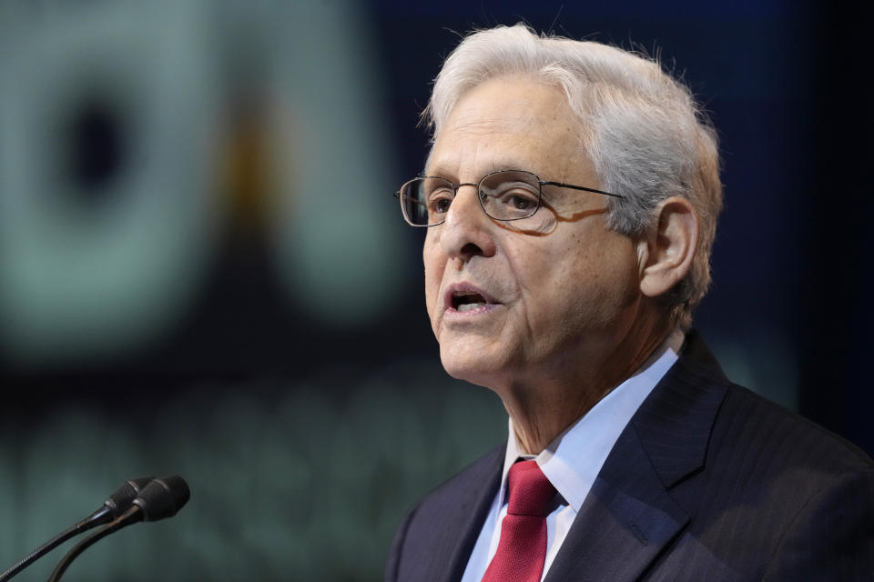 U.S. Attorney General Merrick Garland makes a point as he speaks to members of the house of delegates of the American Bar Association at the group's annual meeting Monday, Aug. 7, 2023, in Denver. (AP Photo/David Zalubowski)