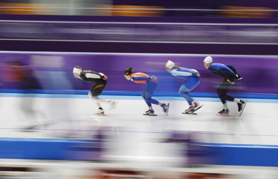 <p>Skaters practice at the Gangneung Oval during a speed skating training session prior to the 2018 Winter Olympics in Gangneung, South Korea, Thursday, Feb. 8, 2018. (AP Photo/Petr David Josek) </p>