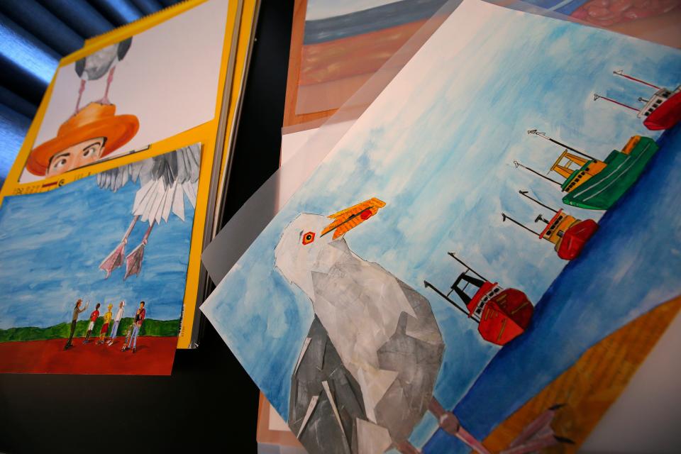 Detail photo of some of the pages that Margo Connolly-Masson has illustrated for a children's book she is authoring featuring Glen the seagull.