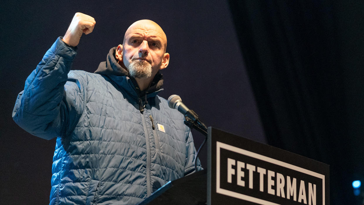 Pennsylvania Lieutenant Governor and Democratic candidate for US Senator John Fetterman speaks to supporters at a 