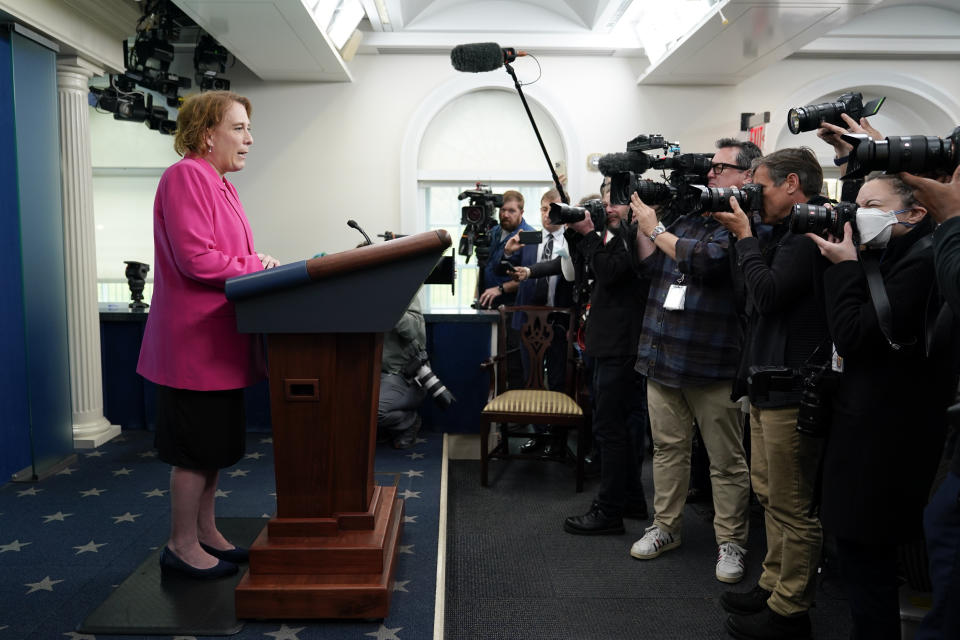 "Jeopardy!" champion Amy Schneider speaks with members of the press in the James S. Brady Press Briefing Room at the White House, Thursday, March 31, 2022, in Washington. Schneider was visiting the White House to participate in Transgender Day of Visibility. (AP Photo/Patrick Semansky)