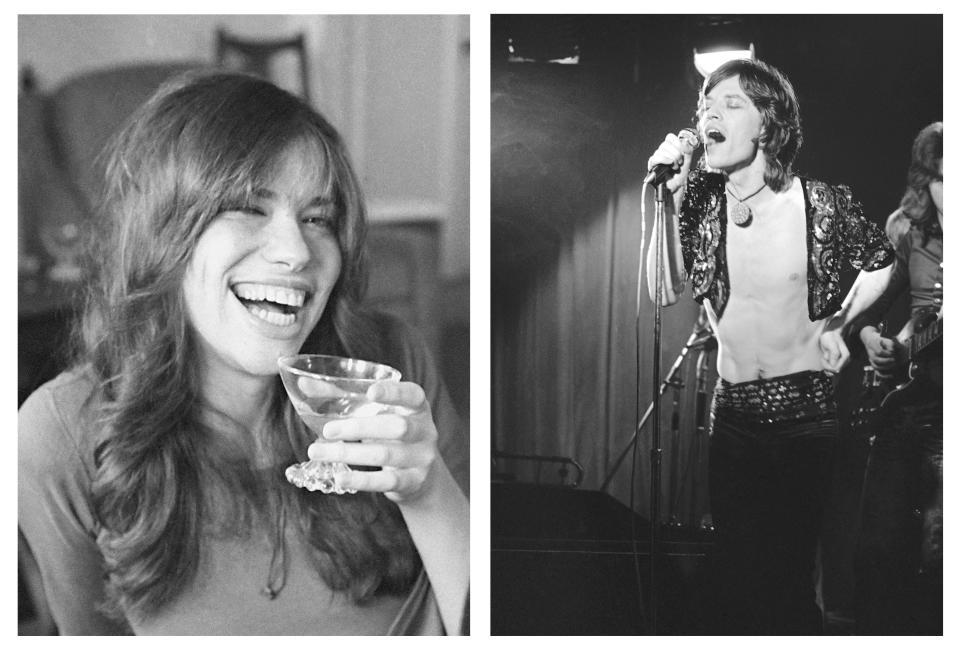 IN THIS TWO PHOTO COMBO, with Carly Simon, left, and Mick Jagger at right. It is revealed Wednesday Aug. 22, 2018, that a lost Mick Jagger duet with Carly Simon has been found more than 45-years after it was first recorded apparently in 1972, with Jagger and Simon seemingly sitting together at a piano and singing a slow love ballad thought to be named "Fragile". FILE PHOTOS : LEFT - photo dated Nov. 19, 1971, songwriter and singer Carly Simon. RIGHT - file photo dated March 26, 1971, Mick Jagger, of the Rolling Stones rock group during a farewell performance at the Marquee Club, on Wardour Street in London. (AP Photo, TWO FILE PHOTO COMBO)