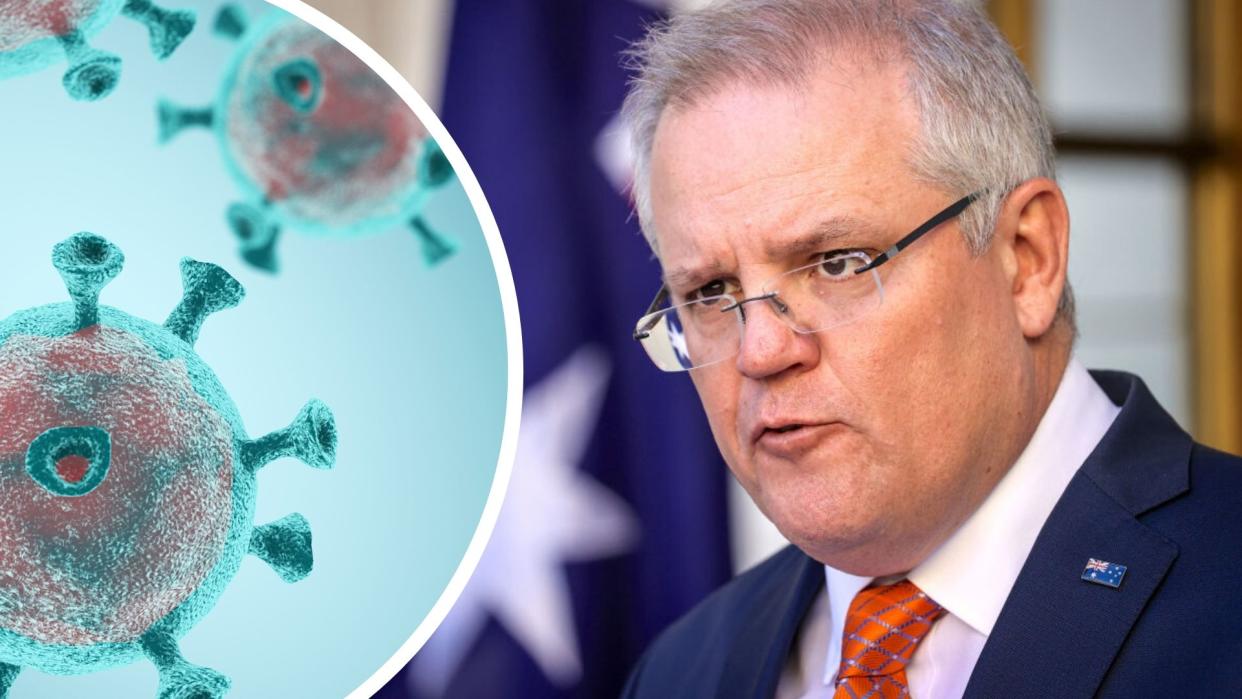 Pictured: Scott Morrison, coronavirus graphic. Images: Getty