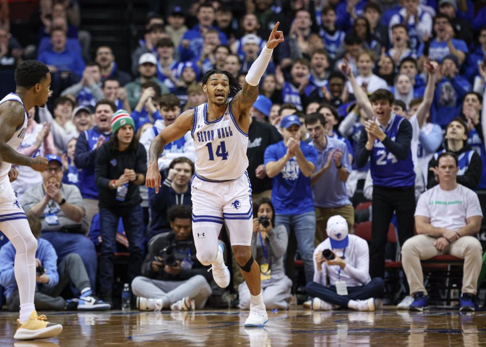 Jan 20, 2024; Newark, New Jersey, USA; Seton Hall Pirates guard Dre Davis (14) reacts after a basket against the Creighton Bluejays during the first half at Prudential Center. Mandatory Credit: Vincent Carchietta-USA TODAY Sports