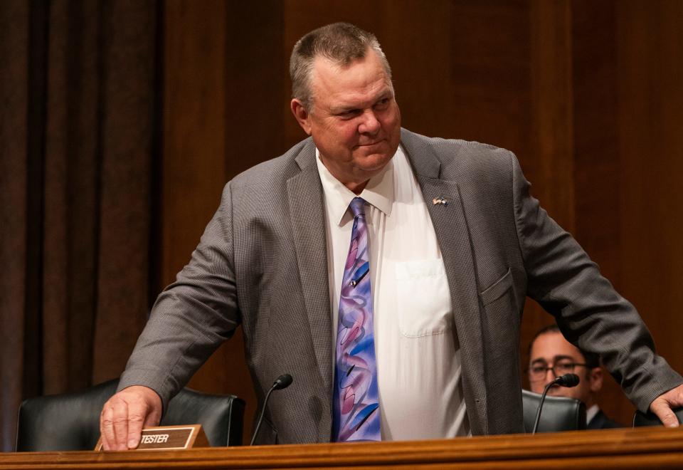 Sen. Jon Tester, D-Mont, arriving to the hearing where Gary Gensler, Chair, U.S. Securities and Exchange Commission would testify before the COMMITTEE ON BANKING, HOUSING, AND URBAN AFFAIRS hearing on “Oversight of the U.S. Securities and Exchange Commission.”