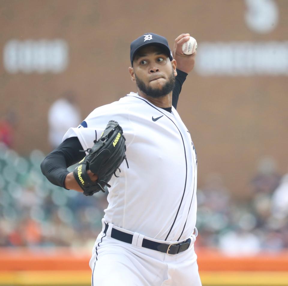 Detroit Tigers starter Eduardo Rodriguez (57) pitches against the Los Angeles Angels during first inning action at Comerica Park Sunday, August 21, 2022.