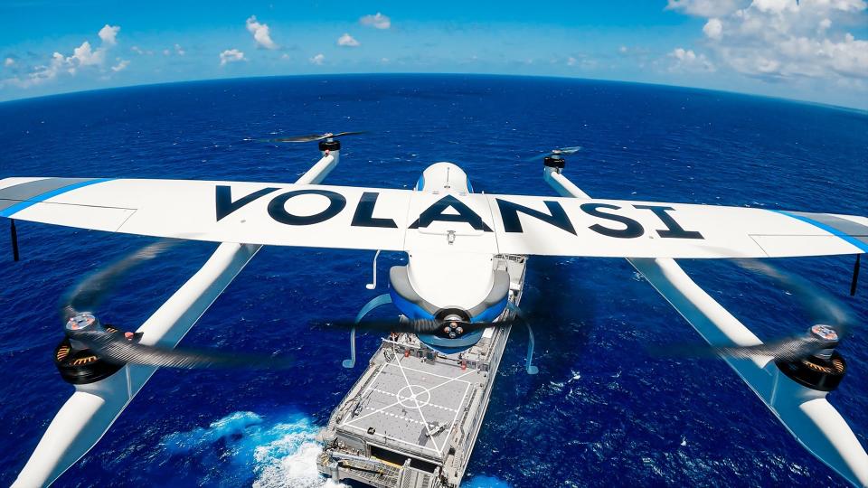 A drone from Volansi, which shares a similar configuration as Northrop Grumman's offering, is seen completing the first-ever autonomous ship-to-ship drone deliveries. The trials, between a U.S. Navy ship and a U.S. Coast Guard vessel off the coast of Key West, Florida, in 2021. <em>Volansi</em><br>