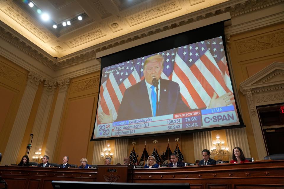 Former President Trump is seen on screen during the committee to investigate the January 6 attack on the United States Capitol hearing on Oct. 13, 2022 in Washington DC.