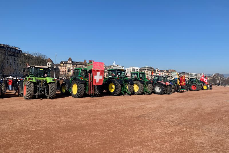 Swiss farmers and their tractors are seen during a protest in Geneva