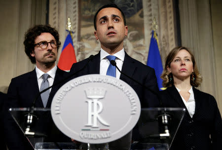 FILE PHOTO: Anti-establishment 5-Star Movement leader Luigi Di Maio speaks following a talk with Italian President Sergio Mattarella at the Quirinal Palace in Rome, Italy, April 12, 2018. REUTERS/Max Rossi/File Photo