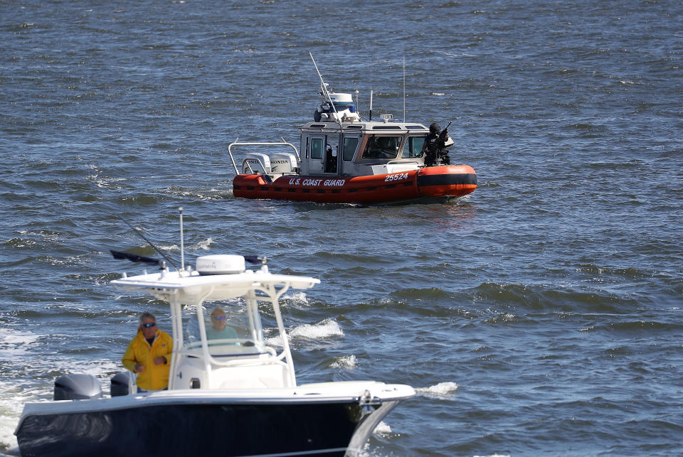 A Coast Guard boat is seen patrolling the waters in front of the Mar-a-Lago Resort where President Donald Trump held meetings with Chinese President Xi Jinping on April 7, 2017 in Palm Beach, Florida. (Photo: Joe Raedle/Getty Images)