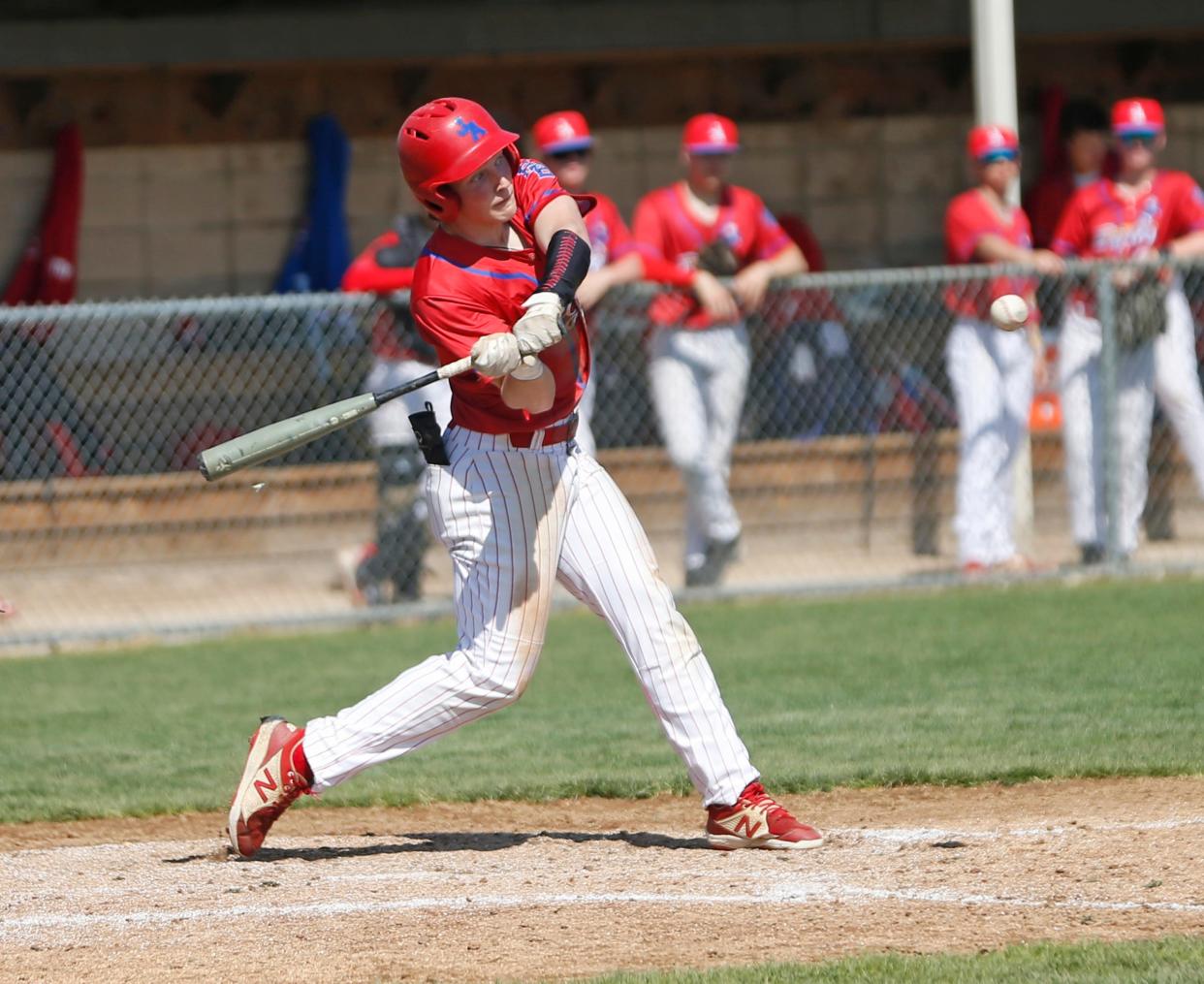 Adams senior Kai Whitlow swings at a pitch during a baseball game against Concord Saturday, May 4, 2024, at Concord High School in Dunlap.