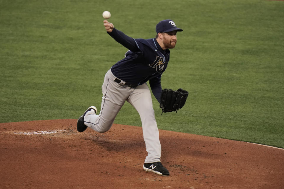 Tampa Bay Rays starting pitcher Collin McHugh throws to a Los Angeles Angels batter during the first inning of a baseball game Thursday, May 6, 2021, in Anaheim, Calif. (AP Photo/Jae C. Hong)