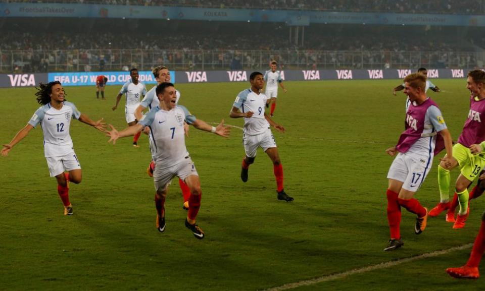 England’s Phil Foden, No7, celebrates scoring their fifth goal with his team-mates.