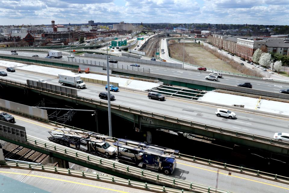 Route 95 traffic on the Providence Viaduct, foreground, with the Route 6/10 Connector, background, as seen from the parking garage at Providence Place.